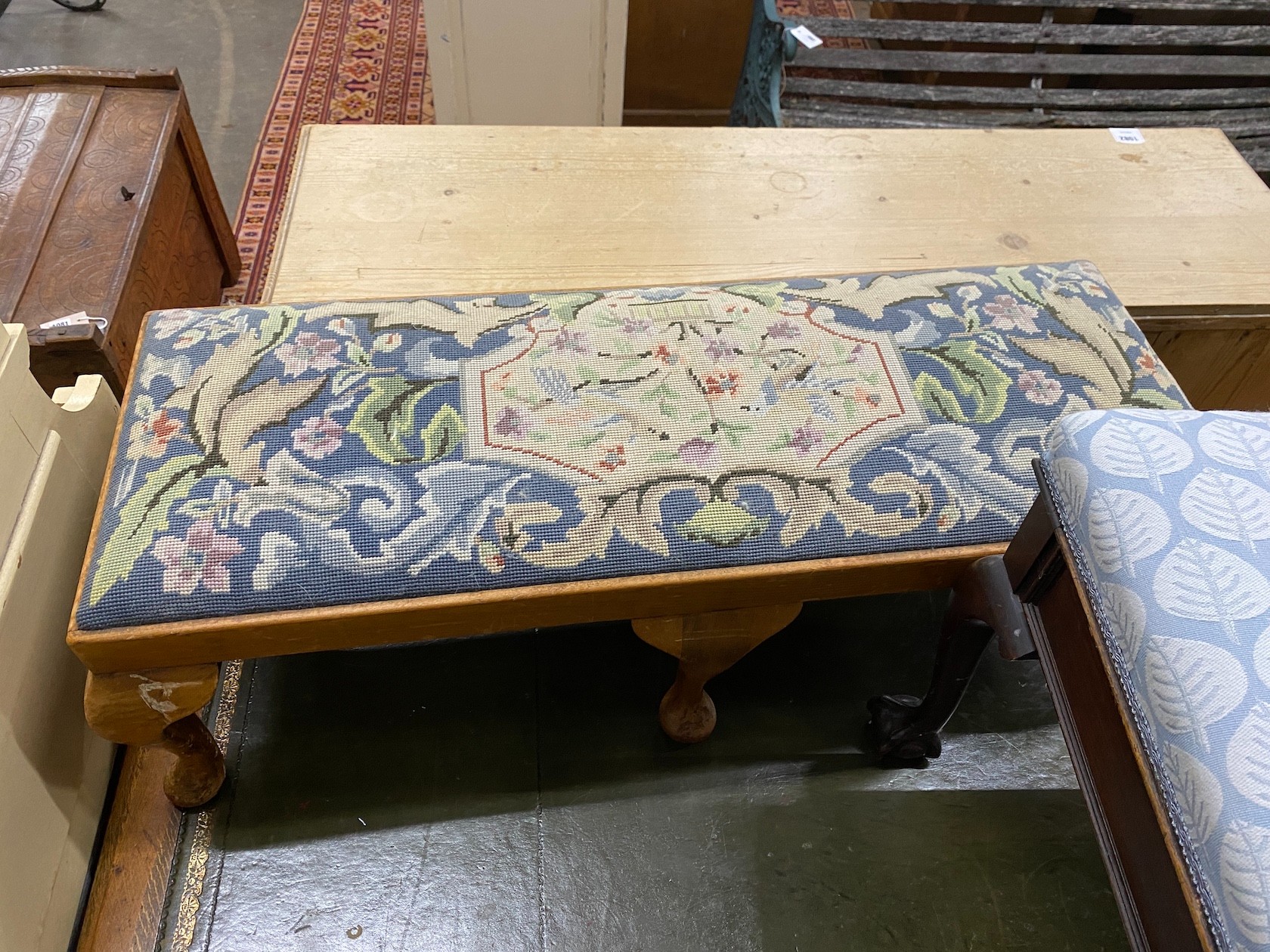 A 1920's mahogany box seat piano stool, 49cm, and an oak and beech foot stool, 97cm